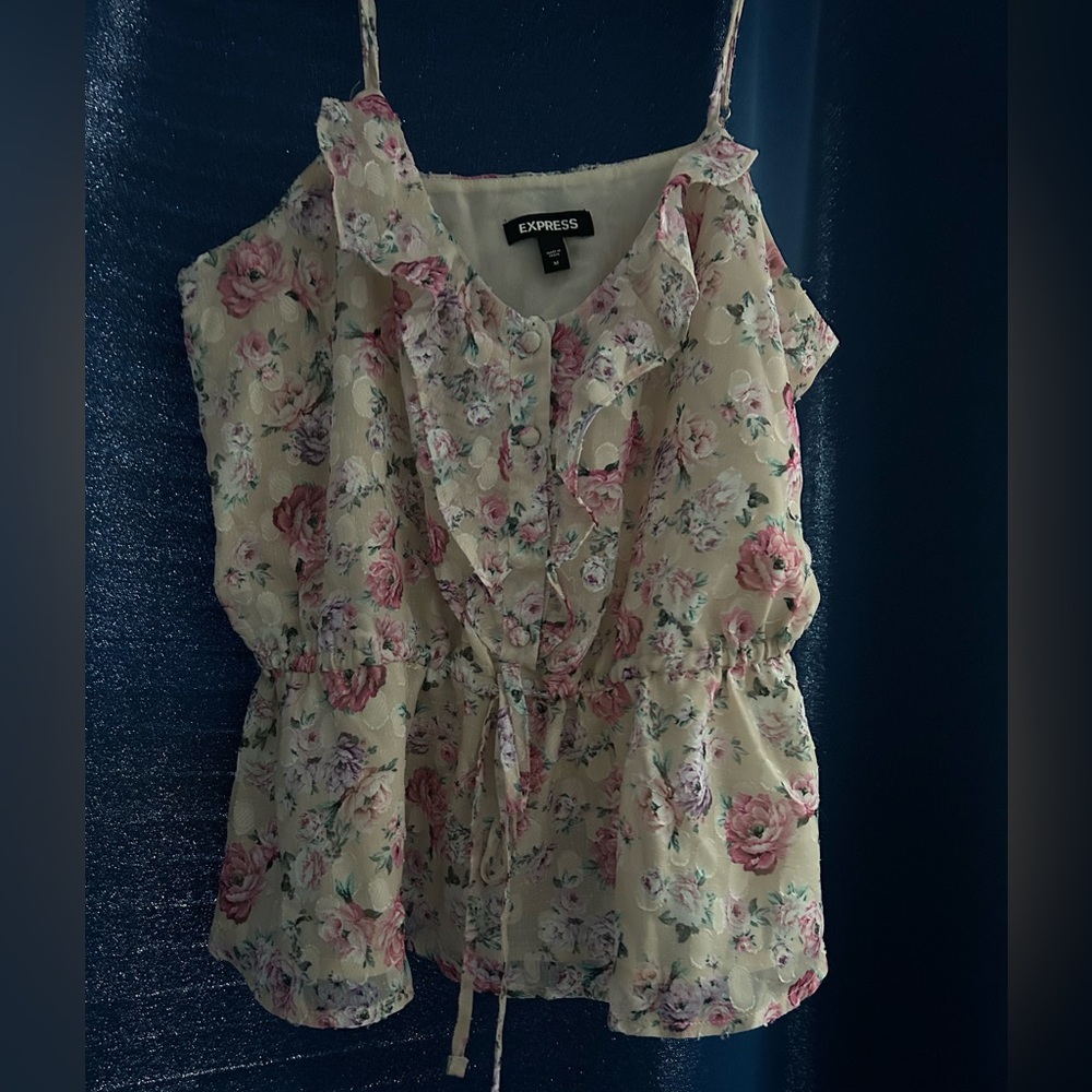 Express Cream Floral Ruffle Tie-Front Camisole